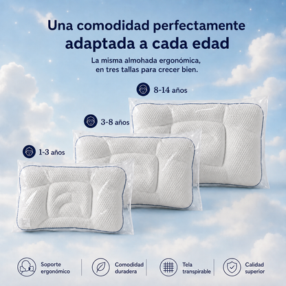 Las 3 tallas de la almohada Nidito, de 1 a 14 años